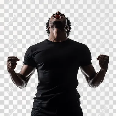 man standing hidden, in full black close,front photo, exulting his strength, white background, png