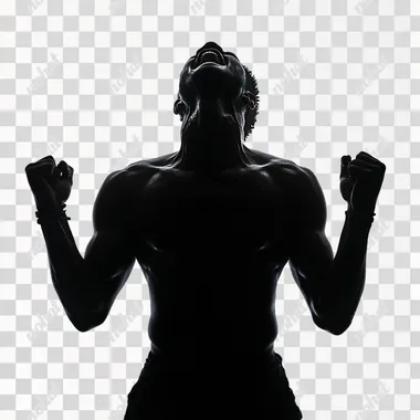 man standing hidden, in full black close,front photo, exulting his strength, white background, png