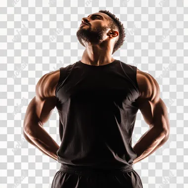 man standing hidden, in full black close,front photo, exulting his strength, white background, png