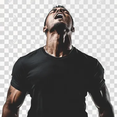 man standing hidden, in full black close,front photo, exulting his strength, white background, png