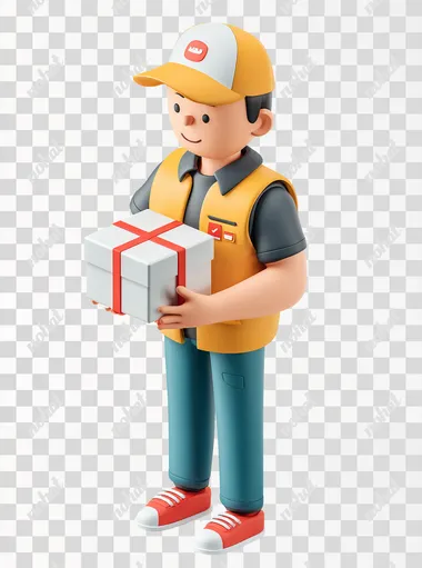 3D isometric perspective of package courier holding a small delivery box with both hands, wearing a cap and uniform, centered, isolated on white background, good composition, high resolution, photo realistic, 4K   --raw rofile 6guqfn7