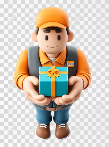 3D isometric perspective of package courier holding a small delivery box with both hands, wearing a cap and uniform, centered, isolated on white background, good composition, high resolution, photo realistic, 4K   --raw rofile 6guqfn7