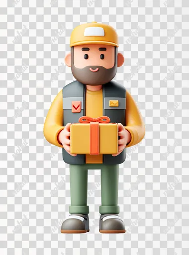 3D isometric perspective of package courier holding a small delivery box with both hands, wearing a cap and uniform, centered, isolated on white background, good composition, high resolution, photo realistic, 4K   --raw rofile 6guqfn7