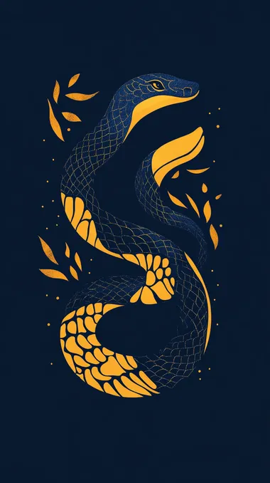 poster of a small snake pattern in the middle of page, simple style, Paper Cut Style, minimalist, leaving large negative space around, vector flat illustration, Maud Lewis, blue and gold colors, navy blue background