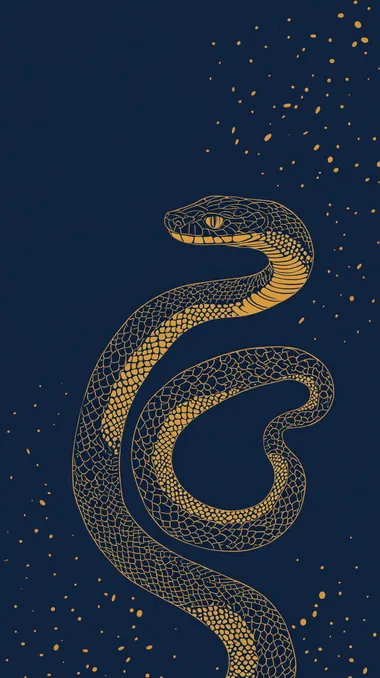 poster of a small snake pattern in the middle of page, simple style, Paper Cut Style, minimalist, leaving large negative space around, vector flat illustration, Maud Lewis, blue and gold colors, navy blue background