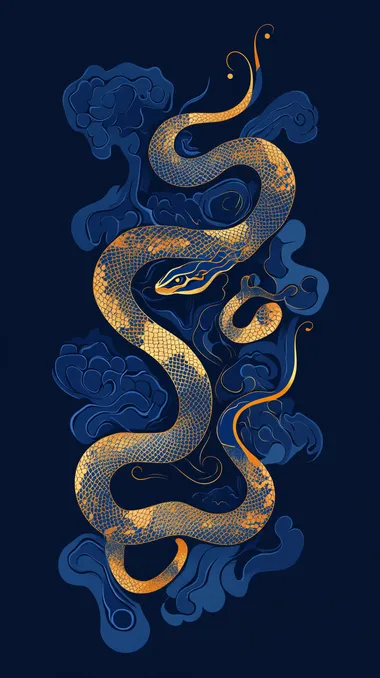 poster of a small snake pattern in the middle of page, simple style, Paper Cut Style, minimalist, leaving large negative space around, vector flat illustration, Maud Lewis, blue and gold colors, navy blue background