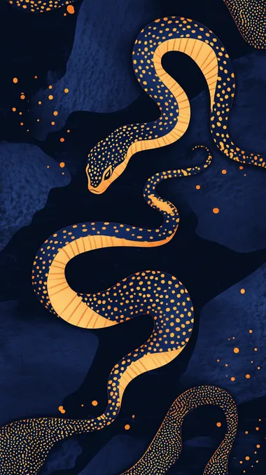 poster of a small snake pattern in the middle of page, simple style, Paper Cut Style, minimalist, leaving large negative space around, vector flat illustration, Maud Lewis, blue and gold colors, navy blue background