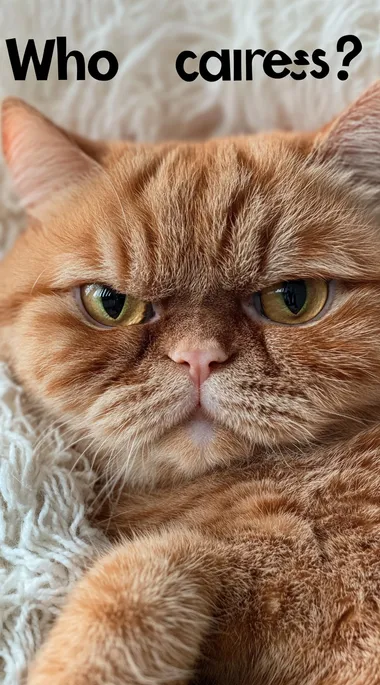 A photo of an orange cat with the text "Who cares?" written on it. The cat's face appears grumpy and sad. The background color is white.