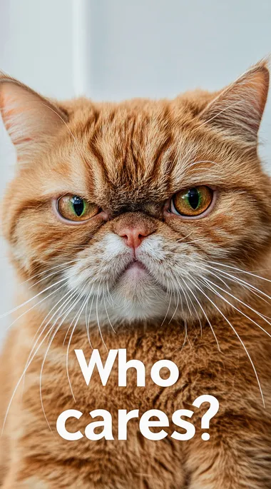 A photo of an orange cat with the text "Who cares?" written on it. The cat's face appears grumpy and sad. The background color is white.