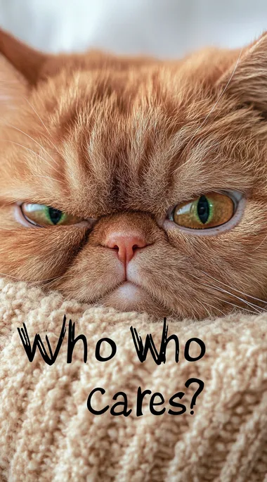 A photo of an orange cat with the text "Who cares?" written on it. The cat's face appears grumpy and sad. The background color is white.