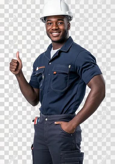 Handsome young smiling black man in work attire with a white helmet giving a thumbs up, full-body portrait on a white background, wearing a navy blue shirt and dark gray pants. The white T-shirt underneath the buttoned-up, short-sleeved shirt is visible under his arm. The man has muscular arms and strong hands. He's posing for a photo, making a hand gesture to the camera. Hyper-realistic photography.