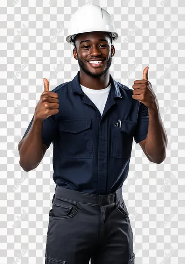 Handsome young smiling black man in work attire with a white helmet giving a thumbs up, full-body portrait on a white background, wearing a navy blue shirt and dark gray pants. The white T-shirt underneath the buttoned-up, short-sleeved shirt is visible under his arm. The man has muscular arms and strong hands. He's posing for a photo, making a hand gesture to the camera. Hyper-realistic photography.