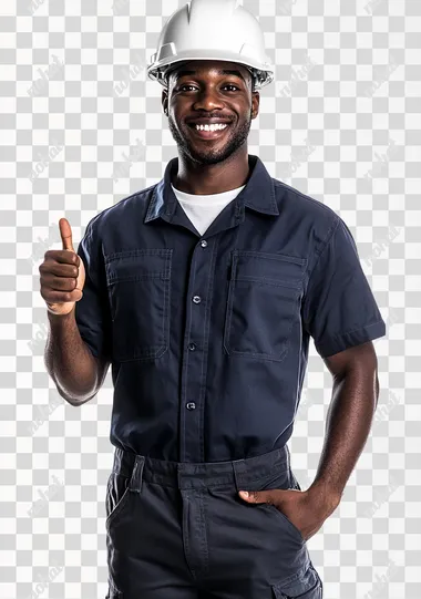 Handsome young smiling black man in work attire with a white helmet giving a thumbs up, full-body portrait on a white background, wearing a navy blue shirt and dark gray pants. The white T-shirt underneath the buttoned-up, short-sleeved shirt is visible under his arm. The man has muscular arms and strong hands. He's posing for a photo, making a hand gesture to the camera. Hyper-realistic photography.