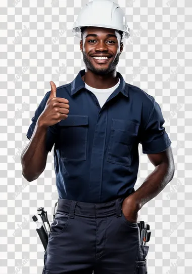 Handsome young smiling black man in work attire with a white helmet giving a thumbs up, full-body portrait on a white background, wearing a navy blue shirt and dark gray pants. The white T-shirt underneath the buttoned-up, short-sleeved shirt is visible under his arm. The man has muscular arms and strong hands. He's posing for a photo, making a hand gesture to the camera. Hyper-realistic photography.