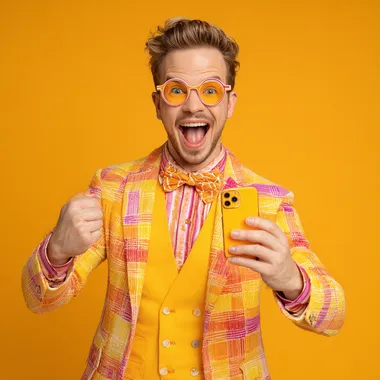 High-realism photo: a cheerful, brightly dressed blogger advertising himself