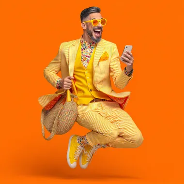 High-realism photo: a cheerful, brightly dressed blogger advertising himself