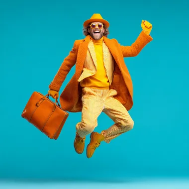 High-realism photo: a cheerful, brightly dressed blogger advertising himself