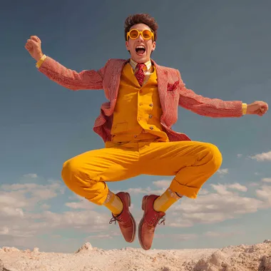 High-realism photo: a cheerful, brightly dressed blogger advertising himself