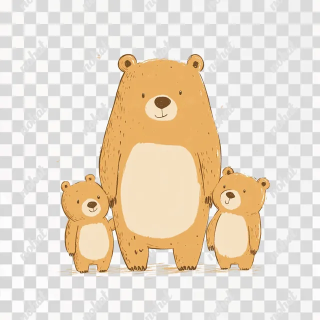 PNG Brown Bear Family in Natural Habitat, Hand Drawn Minimalist Illustration