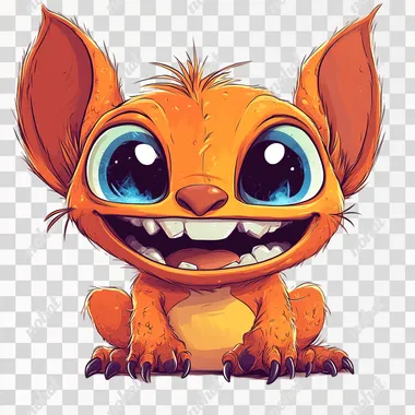 vibrant and cheerful alien creature inspired by Stitch (Experiment 626) in bright orange hues, smiling widely with its signature toothy grin, featuring large expressive eyes, big ears, and a fluffy tuft of hair. The background is plain white, designed for easy vector conversion. Detailed cartoon style, bold outlines, and high resolution, perfect for a T-shirt design --s 250