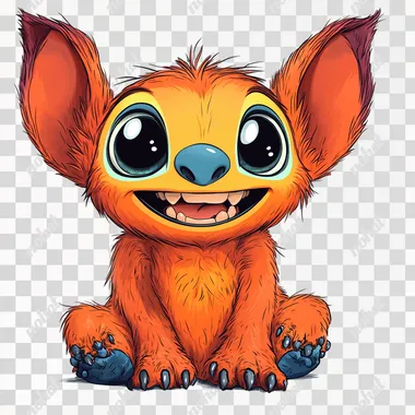 vibrant and cheerful alien creature inspired by Stitch (Experiment 626) in bright orange hues, smiling widely with its signature toothy grin, featuring large expressive eyes, big ears, and a fluffy tuft of hair. The background is plain white, designed for easy vector conversion. Detailed cartoon style, bold outlines, and high resolution, perfect for a T-shirt design --s 250