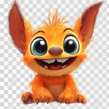vibrant and cheerful alien creature inspired by Stitch (Experiment 626) in bright orange hues, smiling widely with its signature toothy grin, featuring large expressive eyes, big ears, and a fluffy tuft of hair. The background is plain white, designed for easy vector conversion. Detailed cartoon style, bold outlines, and high resolution, perfect for a T-shirt design --s 250