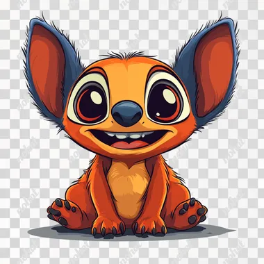 vibrant and cheerful alien creature inspired by Stitch (Experiment 626) in bright orange hues, smiling widely with its signature toothy grin, featuring large expressive eyes, big ears, and a fluffy tuft of hair. The background is plain white, designed for easy vector conversion. Detailed cartoon style, bold outlines, and high resolution, perfect for a T-shirt design --s 250