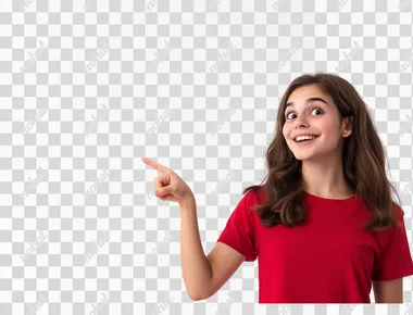 A young woman in a red shirt pointing at something on a white background, with copy space available.  --s 50