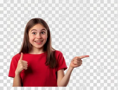 A young woman in a red shirt pointing at something on a white background, with copy space available.  --s 50