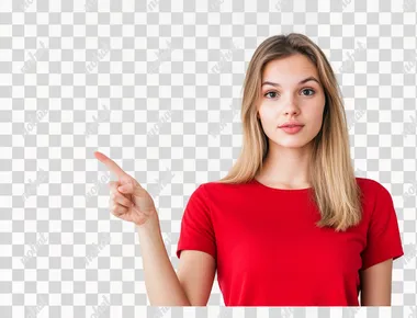 A young woman in a red shirt pointing at something on a white background, with copy space available.  --s 50