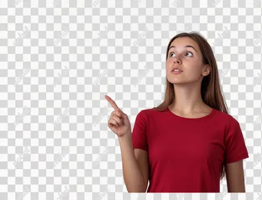 A young woman in a red shirt pointing at something on a white background, with copy space available.  --s 50