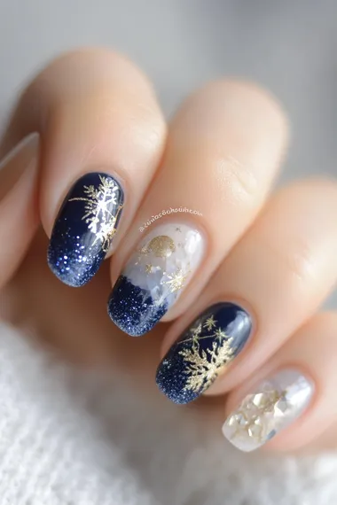 1d nail art of freezing moon,freezing moon nail design,winter,,moonlight,snow crystal silhouette,beautiful     k9rpo1o