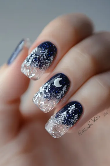 1d nail art of freezing moon,freezing moon nail design,winter,,moonlight,snow crystal silhouette,beautiful     k9rpo1o