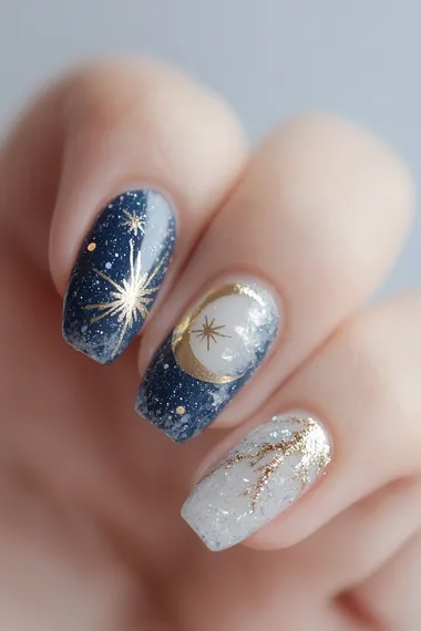 1d nail art of freezing moon,freezing moon nail design,winter,,moonlight,snow crystal silhouette,beautiful     k9rpo1o