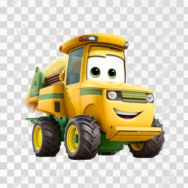 Create a clear, high-resolution image of a cheerful combine harvester in Pixar-style animation. The combine should be bright yellow with green and black accents, featuring a smooth, friendly design with large wheels and a wide harvesting header at the front. It should have large, bright, and expressive eyes and a cheerful, welcoming mouth beneath them. The background should be plain white, highlighting the character of the combine harvester. The style should be colorful, playful, and engaging, with a clean and polished look typical of Pixar animation   ovv152z