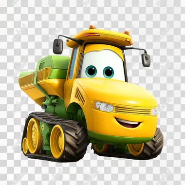 Create a clear, high-resolution image of a cheerful combine harvester in Pixar-style animation. The combine should be bright yellow with green and black accents, featuring a smooth, friendly design with large wheels and a wide harvesting header at the front. It should have large, bright, and expressive eyes and a cheerful, welcoming mouth beneath them. The background should be plain white, highlighting the character of the combine harvester. The style should be colorful, playful, and engaging, with a clean and polished look typical of Pixar animation   ovv152z