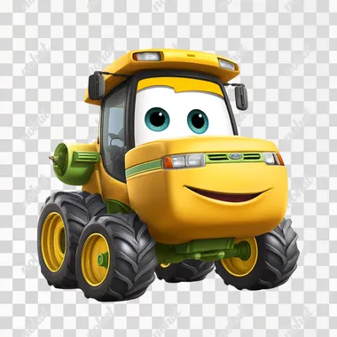 Create a clear, high-resolution image of a cheerful combine harvester in Pixar-style animation. The combine should be bright yellow with green and black accents, featuring a smooth, friendly design with large wheels and a wide harvesting header at the front. It should have large, bright, and expressive eyes and a cheerful, welcoming mouth beneath them. The background should be plain white, highlighting the character of the combine harvester. The style should be colorful, playful, and engaging, with a clean and polished look typical of Pixar animation   ovv152z