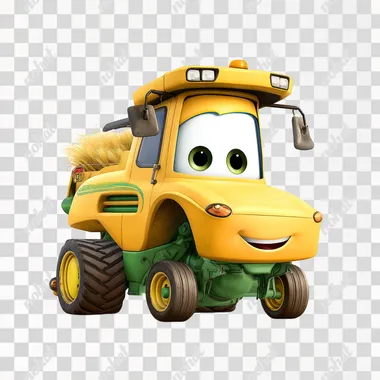 Create a clear, high-resolution image of a cheerful combine harvester in Pixar-style animation. The combine should be bright yellow with green and black accents, featuring a smooth, friendly design with large wheels and a wide harvesting header at the front. It should have large, bright, and expressive eyes and a cheerful, welcoming mouth beneath them. The background should be plain white, highlighting the character of the combine harvester. The style should be colorful, playful, and engaging, with a clean and polished look typical of Pixar animation   ovv152z