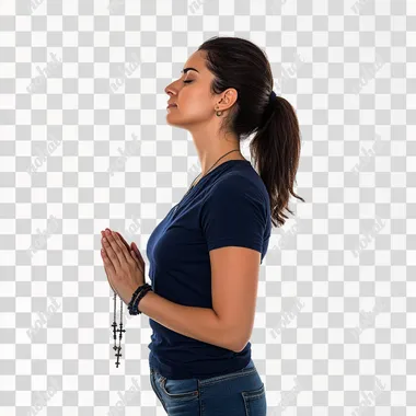 side view portrait photo from the waist up, Brazilian woman holding a rosary and praying, she is wearing a blue t-shirt and jeans, high quality and definition photo, isolated on white background