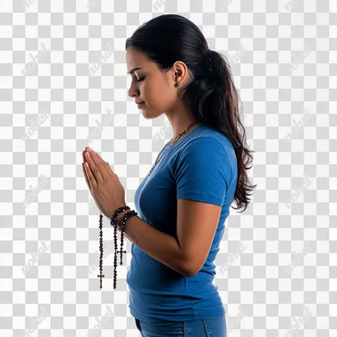 side view portrait photo from the waist up, Brazilian woman holding a rosary and praying, she is wearing a blue t-shirt and jeans, high quality and definition photo, isolated on white background