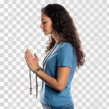 side view portrait photo from the waist up, Brazilian woman holding a rosary and praying, she is wearing a blue t-shirt and jeans, high quality and definition photo, isolated on white background