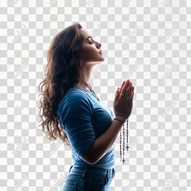 side view portrait photo from the waist up, Brazilian woman holding a rosary and praying, she is wearing a blue t-shirt and jeans, high quality and definition photo, isolated on white background