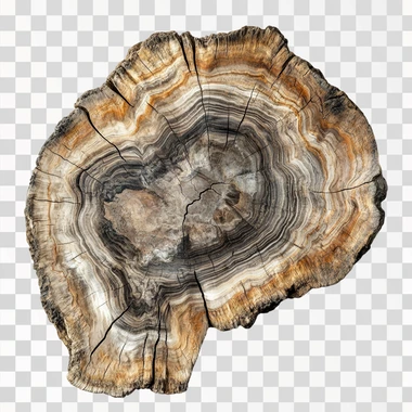 Fossilised wood, gothic aesthetic, isolated on white background, view from above, realistic photo