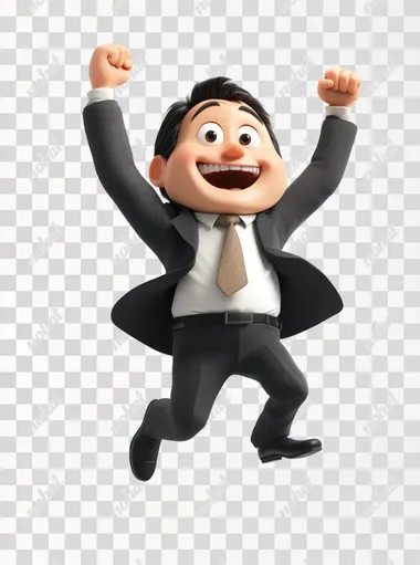 A Pixar-style 3D illustration of a cheerful Korean man in his 30s, wearing a suit, striking a dynamic and highly energetic full-body pose with both arms raised triumphantly in the air, and a big, confident smile on his face. The man exudes enthusiasm and excitement, with his entire body visible, standing on a plain white background to emphasize the character.
