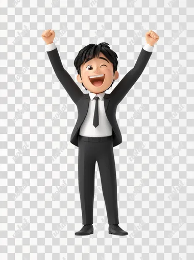 A Pixar-style 3D illustration of a cheerful Korean man in his 30s, wearing a suit, striking a dynamic and highly energetic full-body pose with both arms raised triumphantly in the air, and a big, confident smile on his face. The man exudes enthusiasm and excitement, with his entire body visible, standing on a plain white background to emphasize the character.
