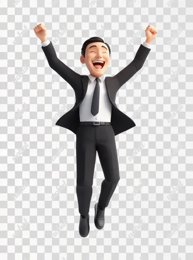 A Pixar-style 3D illustration of a cheerful Korean man in his 30s, wearing a suit, striking a dynamic and highly energetic full-body pose with both arms raised triumphantly in the air, and a big, confident smile on his face. The man exudes enthusiasm and excitement, with his entire body visible, standing on a plain white background to emphasize the character.