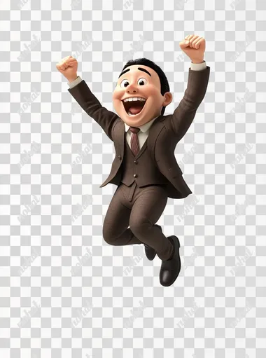 A Pixar-style 3D illustration of a cheerful Korean man in his 30s, wearing a suit, striking a dynamic and highly energetic full-body pose with both arms raised triumphantly in the air, and a big, confident smile on his face. The man exudes enthusiasm and excitement, with his entire body visible, standing on a plain white background to emphasize the character.