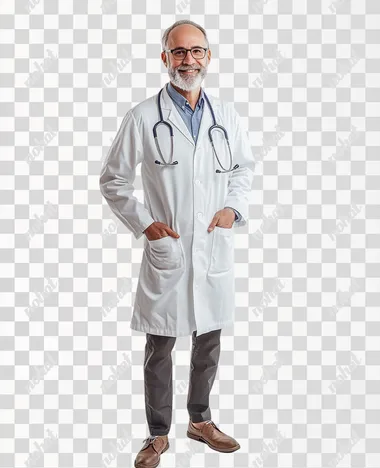 rofessional portrait of a middle-aged doctor, against a white background, full-length shot, wearing a medical robe and a stethoscope around the neck, smiling at the camera, hands in pockets, isolated on a solid color background, studio shot, soft lighting, soft shadows, low contrast, sharp focus, captured with a Nikon Z9 at f/20.