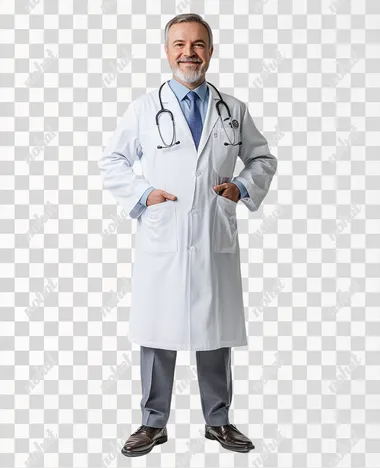 rofessional portrait of a middle-aged doctor, against a white background, full-length shot, wearing a medical robe and a stethoscope around the neck, smiling at the camera, hands in pockets, isolated on a solid color background, studio shot, soft lighting, soft shadows, low contrast, sharp focus, captured with a Nikon Z9 at f/20.