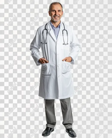 rofessional portrait of a middle-aged doctor, against a white background, full-length shot, wearing a medical robe and a stethoscope around the neck, smiling at the camera, hands in pockets, isolated on a solid color background, studio shot, soft lighting, soft shadows, low contrast, sharp focus, captured with a Nikon Z9 at f/20.